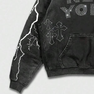 Sweat-shirt à capuche oversize personnalisé pour homme, imprimé lettres et croix en strass, de haute qualité, délavé, à épaules tombantes, pour le streetwear - Product Image 4