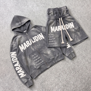Sun Faded Black Tracksuit Heavyweight Cotton Blank Crop Zip Up Hoodie And Shorts Set Custom High Quality Streetwear <b>Men</b> - Product Image 4