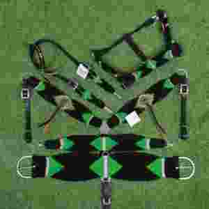 ชุดอุปกรณ์ม้าขนโมแฮร์สีเขียวและสีดำ พร้อมหนังอาร์เจนตินา ขนาดรอบเอว 32 นิ้ว ทำจากหนังอาร์เจนตินา - Product Image 1