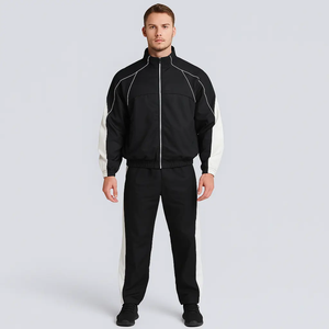 Survêtement noir pour homme, manches longues, col montant, fermeture éclair, coupe sportive, coupe régulière, vêtement d'automne, blocs de couleur, poches latérales, polyester - Product Image 4
