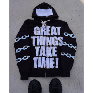 Sweat à capuche brodé avec appliques personnalisées Veste zippée en strass Lavage à l'acide Vintage Washed Men Fleece Streetwear Hoodie - Product Image 1