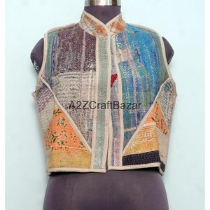 100% Cotton <b>Kantha</b> Waistcoat for Women Handmade Unique Spring Winter Sleeveless Vest with Patchwork Logo Design - Product Image 5
