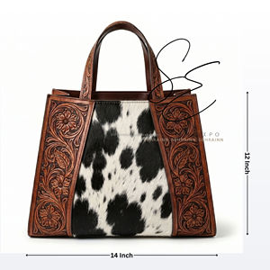 Handmade Tooled Leather Cowhide <b>Tote</b> Bag Western Floral Hair On Hide Shoulder Handbag for Women - Product Image 3