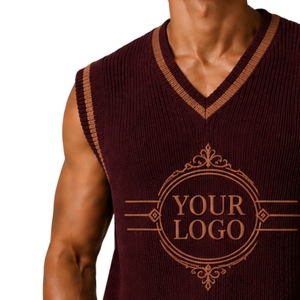 Chaleco de Punto para Hombre, Color Borgoña con Rayas en Contraste Camel, Cuello en V, Sin Mangas, Personalizable con Logotipo, Lana Acrílica, Venta al Por Mayor - Product Image 5