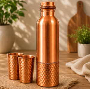 Ensemble cadeau de bouteille d'eau en cuivre pur de haute qualité avec deux verres martelés, réutilisables, pour le sport, récipient d'hydratation en métal - Product Image 3