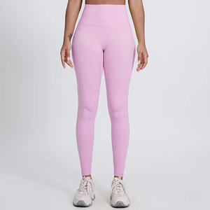 Women <b>Leggings</b> High Waist Full Length Solid <b>Pink</b> Yoga <b>Legging</b> With Ruched Detail Elastic Waist Four-Way Stretch Seamless Pants - Product Image 2