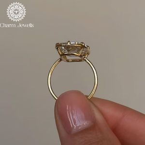 Charm_Jewells Women's <b>Gold</b> Plated Moissanite <b>Cocktail</b> <b>Ring</b> Emerald Cut Bezel Setting Classic Style - Product Image 4