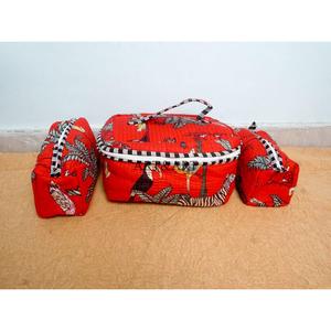 Red beautiful 3-Piece Large Capacity Hand Block Printed Cotton Vanity Set Zipper Washable Bag Durable Reusable Travel for Bags - Product Image 1