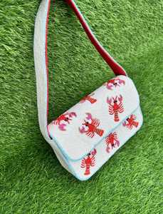 Handmade Glass Beaded Lobster Pattern Rectangular Shoulder Bag <b>Red</b> White Crossbody <b>Purse</b> Washable Polyester Embroidery Crafts - Product Image 3