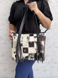 Sac fourre-tout en cuir de vachette style occidental, fait main, motif à carreaux, sac à bandoulière, sac à main bohème à franges, sac à main pour femme - Product Image 3