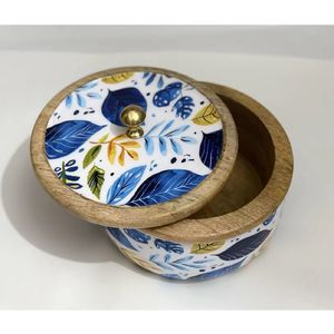 Round wooden container with glossy floral artwork pink and white flowers gold accents matching lid with knob handcrafted <b>kitchen</b> - Product Image 5