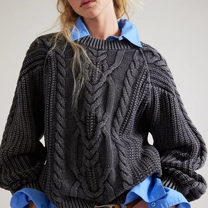 Nuevo Suéter Casual de Punto Grueso para Mujer, Color Gris Sólido, Cuello Redondo, Manga Abullonada, Estilo Crop, para Invierno - Product Image 4
