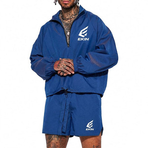 <b>Men's</b> Nylon Solid Windbreaker <b>Jacket</b> and Shorts Set 2-Piece <b>Summer</b> Sportswear Drawstring Closure Stand Collar Track Suit - Product Image 3