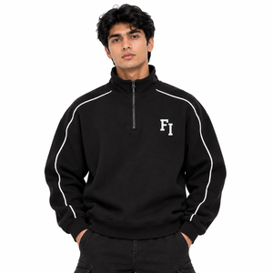 Men's Half Zip Pullover Sweatshirt Black Stand Collar Long Sleeve <b>Raglan</b> <b>Top</b> White Piping Relaxed Fit Streetwear Custom Logo USA - Product Image 1
