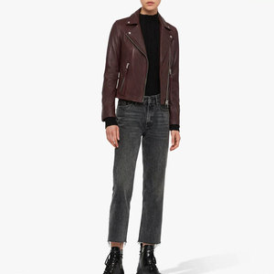 Chaqueta de Motociclista de Cuero Genuino para Mujer, Color Borgoña, Cierre de Cremallera, Manga Larga, Estilo Moto, Ropa de Abrigo para Otoño - Product Image 2
