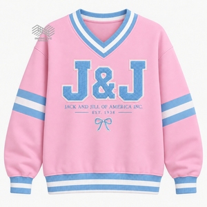 Sweat-shirt universitaire personnalisé JJOA Jack and Jill of America pour femme, col en V, rose et bleu, brodé, vente en gros - Product Image 1