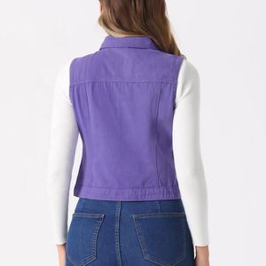 Gilet en jean violet imperméable vintage pour femme avec dentelle, col rond, fermeture boutonnée simple, vêtement d'extérieur décontracté - Product Image 2