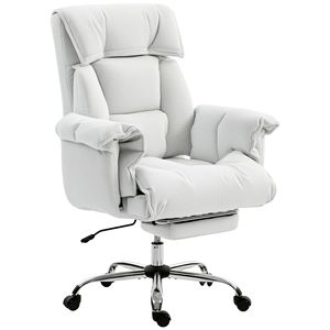 Cream White PU Executive Office Chair with High Back & Reclining Desk <b>Footrest</b> High Resilience Foam & Rolling Wheels - Product Image 1