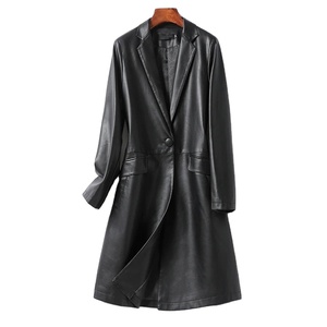 Trench-coat en peau de mouton mi-longueur femme avec col blazer simple en cuir véritable imperméable automne hiver vêtements d'extérieur en peau d'agneau - Product Image 4