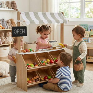 Juguete de Madera Ecológico de Puesto de Mercado con Toldo y Contenedores de Almacenamiento para Juego de Imitación de Tienda de Comestibles para Niños - Product Image 3