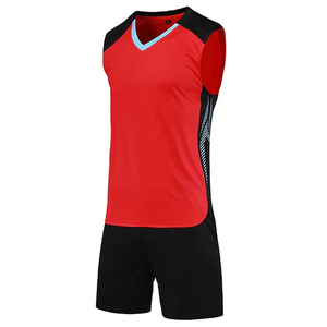 Men's Red Black Sleeveless V-Neck <b>Volleyball</b> Jersey Shorts <b>Set</b> Moisture Wicking 100% Polyester Elastic Waist Sublimation Front - Product Image 1