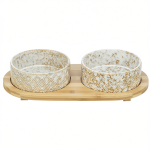 Bols en céramique pour animaux de compagnie avec plateau en bambou blanc et brun clair, lot de 2 pour chiens et chats - Product Image 3