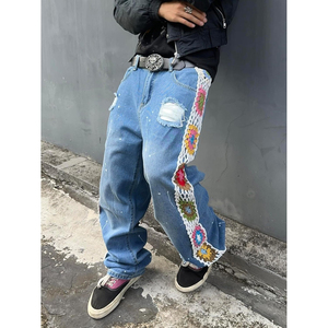 DENIM Custom Rhinestone Baggy Distressed Trousers Jeans <b>Pants</b> Vintage Wide Leg Stripe Ripped Denim Jeans Men - Product Image 3