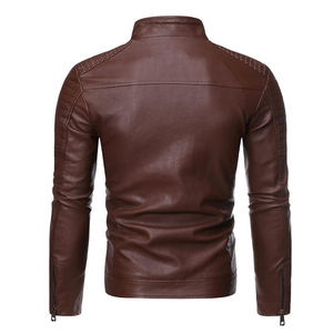 Men's Brown PU <b>Leather</b> Moto <b>Jacket</b> Stand Collar Zipper Closure Slim Fit Regular Sleeve Solid Color Autumn Style - Product Image 2
