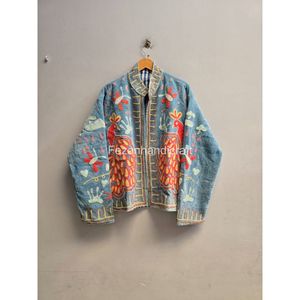 Peacock Embroidery Blue Cotton <b>Mandarin</b> <b>Collar</b> <b>Jacket</b> Full Sleeve Autumn Wear Handmade Women's Embroidered Coat - Product Image 1