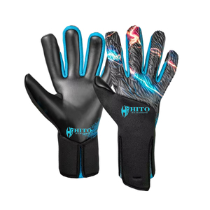 Custom Design Black and Blue Neoprene Soccer Goalkeeper <b>Gloves</b> with 4mm German Latex Medius Cut Germaan Latex Emboss - Product Image 1