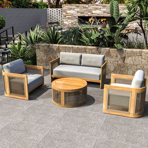 Set di Mobili da Patio in Legno di Acacia a 4 Pezzi con Cuscini Beige e Tavolino Finitura Teak per Uso Esterno - Product Image 1