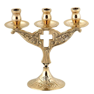 Porte-bougie triple en laiton poli fait main, durable, design croix chrétienne religieuse, décoration de table pour la maison - Product Image 2