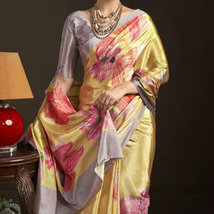 Sari de luxe prêt-à-porter avec chemisier cousu, en crêpe de soie à imprimé numérique floral, fournisseur en gros en ligne de saris indiens - Product Image 1