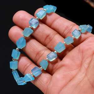 สร้อยคอประดับลูกปัดหินแคลเซโดนีสีน้ำเงินทรงเหลี่ยมเจียระไน งานแฮนด์เมด เครื่องประดับอัญมณีแคลเซโดนี สร้อยคอหินประจำเดือนมิถุนายน ดีไซน์หรูหรา จำหน่ายส่ง - Product Image 6