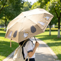 Parapluie de poche pliable 5 sections 19 pouces, ouverture manuelle, revêtement pongé noir, poignée motif chat marron café, protection solaire et UV, mini portable