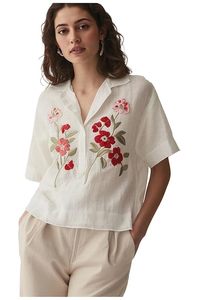 Women Cream Cotton Embroidered <b>Tops</b> | Floral Thread Work Short Sleeve Shirt Casual Summer Wear for Office & Daily Use - Product Image 1