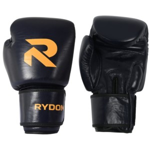 ถุงมือชกมวย RYDOM สีดำทอง พร้อมสายรัดแบบ Hook and Loop สำหรับฝึกซ้อมมวยไทย ซ้อมกับกระสอบทราย รับทำโลโก้ตามสั่ง OEM ขายส่งอุปกรณ์ออกกำลังกาย - Product Image 1
