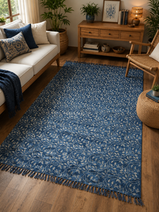 Handmade Indigo Blue Cotton Flat <b>Weave</b> Rug Floral Printed Persian Style Living Room Carpet Custom Size Antimicrobial Non-Slip - Product Image 1