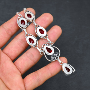 Collier de luxe personnalisé en argent sterling avec grenat rouge de laboratoire et perle de culture d'eau douce, certifié, idéal pour un cadeau de mariage - Product Image 2