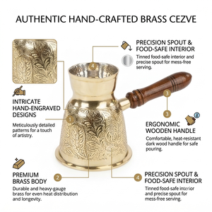 Cezve de Latón Macizo al por Mayor, Grabado a Mano con Diseño Floral, Cafetera Griega Briki para Estufa con Mango de Madera, OEM - Product Image 2