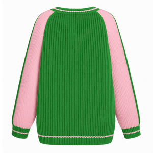 Alpha |   Kapa |   Cardigan zippé intégral pour femme Alpha Sorority, couleur vert-rose, manches longues, tricot doux, style universitaire grec - Product Image 3