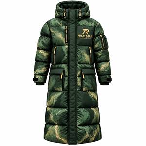 Veste longue à capuche pour homme, imprimé marbré rouge, rembourrée de duvet, coupe-vent, style sportif d'hiver avec fermeture éclair - Product Image 1