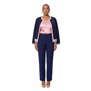 <b>Navy</b> Embroidered <b>Cardigan</b> with Pink and White Trim Button Front Knit Sweater Elegant Fashion Top for Women <b>Girls</b> Casual Daily - Product Image 2