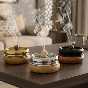 Quemador de Incienso Redondo de Madera con Tapa Metálica, Porta Incienso Árabe con Aroma a Oud, Decoración de Mesa para el Hogar, Ramadán, Bodas - Product Image 1