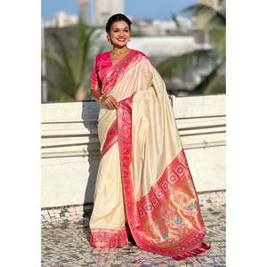 Sari en soie crème Gala avec pallu Paithani, Kadiyal Zari tissé, robes de soirée élégantes - Product Image 5