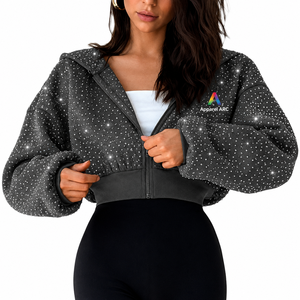Sweat à capuche zippé court tendance pour femme, entièrement orné de strass, manches scintillantes, style streetwear décontracté, veste de sport OEM/ODM - Product Image 1