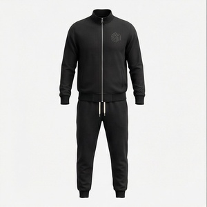 Ensemble de survêtement minimaliste noir pour homme, sweat à capuche zippé et pantalon de survêtement couleur unie, col montant, coupe classique, idéal pour l'automne - Product Image 1