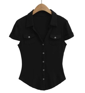 Camisa de Manga Corta para Mujer, Cuello Camisero, Color Sólido, Blusa Casual con Bolsillos, Corte Regular - Product Image 5