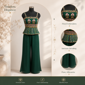 Women Green Floral Embroidered Peplum Top Wide Leg Palazzo Set Elegant Ethnic Party Wear Two Piece Outfit Festive Wedding - Product Image 5