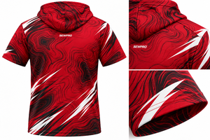 SEWPRO Crimson Velocity Custom Sublimated Sporty Geometric <b>Short</b> <b>Sleeve</b> <b>Hoodie</b> Youth Adult Polyester 300 GSM Kangaroo Pocket - Product Image 2